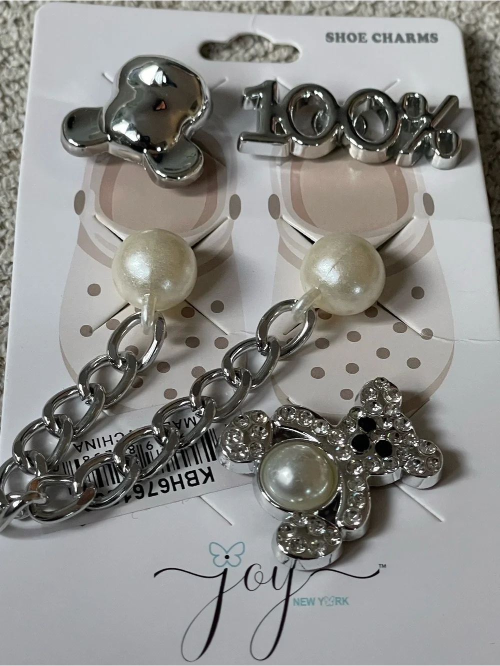 Silver Teddy & Pearl Shoe Charms - Silver